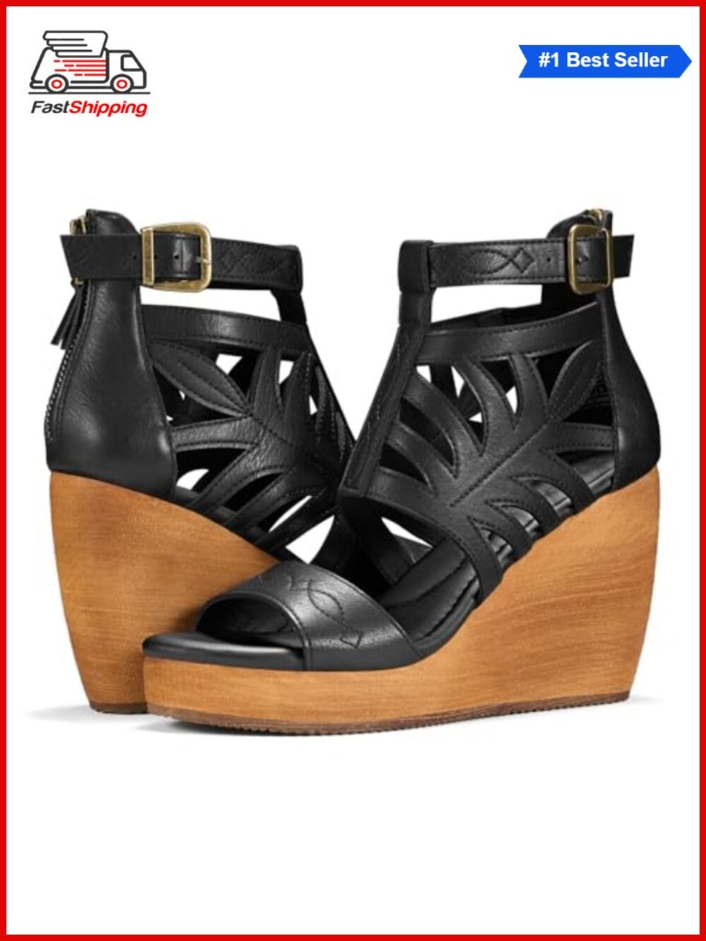 ✨ Women's Platform Wedge Sandals Western Embroidered Zip Ankle Strap Open Toe